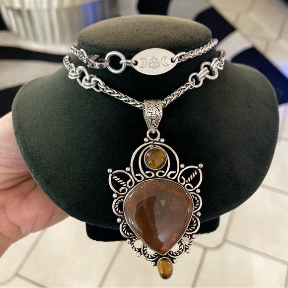 925 sterling silver overlay charm red jasper & golden brown tiger eye necklace - Picture 1 of 16